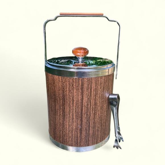 Vintage Retro Kromex Ice Bucket Faux Wood Grain & Chrome Mid Century Modern USA - Picture 1 of 6